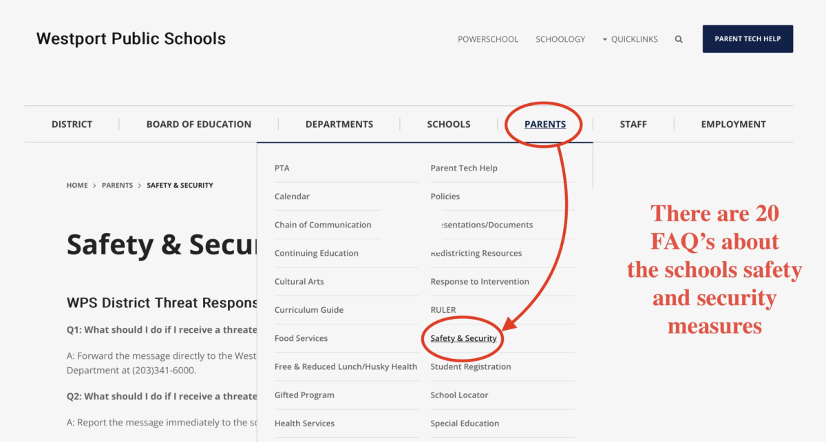 Students and parents can locate the new Safety and Security FAQ on the Westport Public Schools website by going to “PARENTS” then clicking “Safety & Security” below, or by searching “Safety & Security” using the search tool. Graphic by Sophia Jaramillo '27.